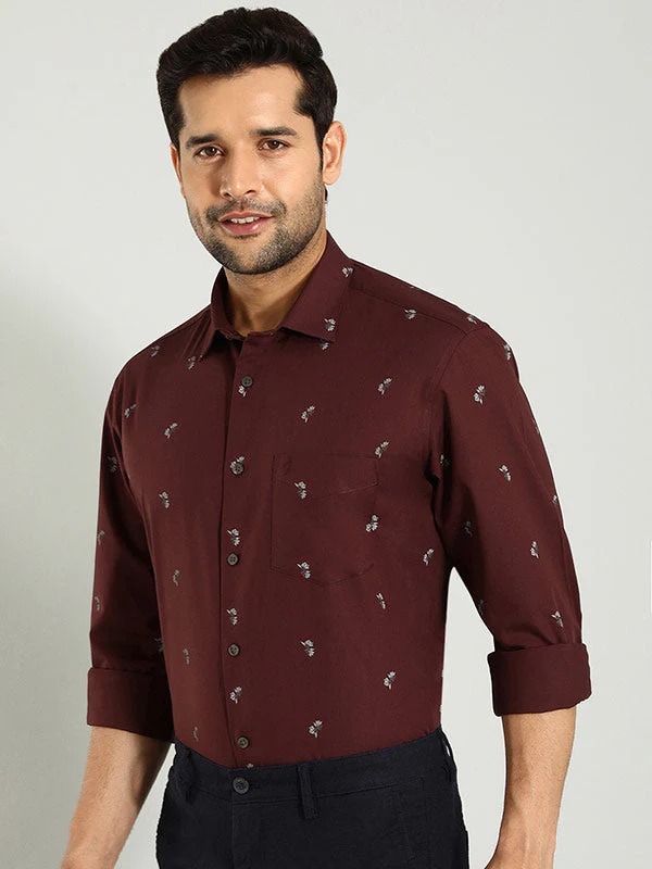 Indian Terrain Men's Regular Fit Full Sleeve Floral Print Brown Shirt